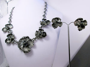 antique silver flower statement necklace and earrings set