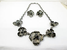 Load image into Gallery viewer, antique silver flower sculpture bib necklace and clip on earrings set