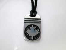 Load image into Gallery viewer, handmade pewter Canada Maple Leaf pendant necklace, pendant with black background, on black cord, for men or women
