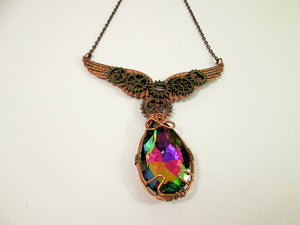 rainbow crystal clockwork gears steampunk angel wings necklace