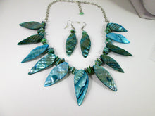 Load image into Gallery viewer, iridescent teal shell leaf statement necklace and earrings set