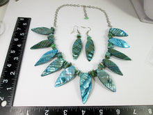 Load image into Gallery viewer, teal shell leaf statement necklace and earrings set with measurement