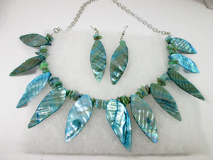 Iridescent teal shell leaf necklace and earrings set