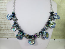 Load image into Gallery viewer, back view of rainbow blue seashell and pearl necklace