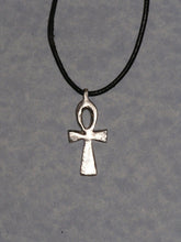 Load image into Gallery viewer, back view of handmade ankh cross pendant necklace on black cord, showing pendant polished to mirror finish.