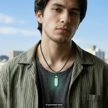 Load image into Gallery viewer, A close-up portrait of a man wearing a black cord necklace with a light green crystal point pendant, layered over a dark gray t-shirt and a green striped button-up shirt, with a blurred outdoor city background.  A small "AI-generated visual" label appears at the bottom.
