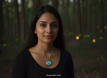 Load image into Gallery viewer, A woman with long dark hair wearing a black top and a silver blue glow moon fairy locket necklace, set against a dark, blurred forest background.  A small "AI-generated visual" label appears at the bottom.