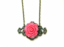 Load image into Gallery viewer, Antique bronze rose filigree pendant necklace in pink