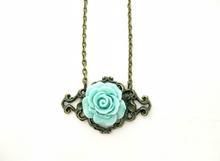 Load image into Gallery viewer, Rose flower pendant necklace in mint green resin