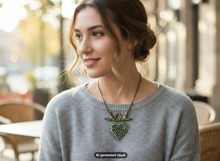 Load image into Gallery viewer, A woman wearing a gray knit sweater and a antique bronze open heart in heart love bird necklace, photographed in a softly blurred cafe setting. A small 'AI-generated visual' label appears at the bottom.