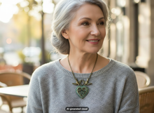 Load image into Gallery viewer, An older woman with gray hair wearing a textured gray knit sweater and a see-through skeleton style double heart pendant necklace with love birds, photographed in a softly blurred cafe setting. A small 'AI-generated visual' label appears at the bottom.