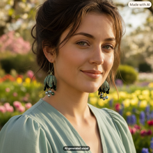 Load image into Gallery viewer, A woman outdoors wearing a pair of Vintage brass tulip dangle earrings with glass pearls.  The background shows blurred flowers and greenery.  A small   'AI-generated visual' label appears at the bottom.