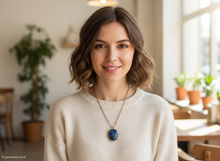 Load image into Gallery viewer, Woman wearing a handmade oval copper energy pendant necklace with blue semi-precious stones, pearls and double spiral charm, styled casually indoors.  A small "AI-generated visual" label is shown at the bottom left corner.