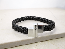 Load image into Gallery viewer, black braided leather bracelet with silver color sliding clasp