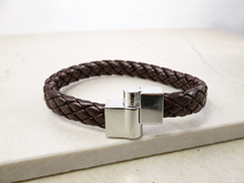 Load image into Gallery viewer, Brown braided leather bracelet with sliding clasp 