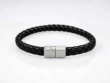 Load image into Gallery viewer, Black braided leather cuff bracelet close-up