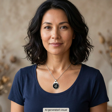 Load image into Gallery viewer, AI-generated lifestyle visual of a female model wearing the Scorpio pewter pendant necklace on a silver-tone metal chain.
