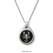 Load image into Gallery viewer, AI-generated product visualization of the Scorpio pewter pendant on a silver-tone metal chain with a flat-strip hanger, against a white background.