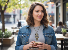 Load image into Gallery viewer, A woman in a cafe setting wearing a antique bronze robot pendant necklace over a gray t-shirt and blue denim jacket, holding a coffee cup. A small 'AI-generated visual' label appears at the bottom.
