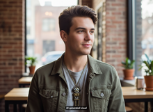 Load image into Gallery viewer, A young man with styled brown hair is shown in a cafe setting, wearing an olive green denim jacket over a gray t-shirt with a robot pendant necklace. A small 'AI-generated visual' label appears at the bottom.