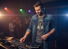 Load image into Gallery viewer, A man wearing a denim shirt and headphones stands behind a DJ setup in a dimly lit club, adjusting controls on a Pioneer mixer. A small robot pendant hangs from his shirt, and the background shows blurred people dancing under colored stage lights.  A small "AI-generated visual" label appears at the bottom.