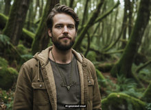 Load image into Gallery viewer, A man with a beard wearing a brown fleece-lined hooded jacket over a dark gray t-shirt and a antique bronze deer skull statement necklace with antlers and verdigris patina, standing in a mossy forest. A small 'AI-generated visual' label appears at the bottom.