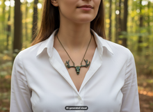 Load image into Gallery viewer, A woman wearing a white collared shirt and a bronze-toned deer skull statement necklace with antlers, photographed outdoors in a blurred forest setting. A small 'AI-generated visual' label appears at the bottom.