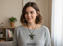 Load image into Gallery viewer, A woman with shoulder-length brown hair wearing a light gray knit sweater and a detailed antique bronze dragon pendant necklace with verdigris patina, shown in a softly lit indoor setting with a blurred bookshelf in the background.  A small "AI-generated visual" label appears at the bottom.