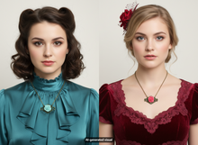 Load image into Gallery viewer, Two women shown from the chest up wearing vintage-style bronze-tone rose flower pendant necklaces in mint green resin and pink resin, styled with retro hair and clothing. The left woman wears a teal blouse, and the right woman wears a burgundy lace top.  A small "AI-generated visual" label appears at the bottom.