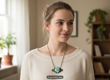 Load image into Gallery viewer, A woman wearing a cream knit sweater and a bronze-tone rose flower pendant necklace in mint green resin, standing in a softly lit indoor room with a bookshelf and plants in the background.  A small "AI-generated visual" label appears at the bottom.