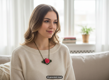 Load image into Gallery viewer, A woman with light brown hair wearing a cream knit sweater and an antique bronze rose filigree pendant necklace in pink, sitting on a beige sofa in a brightly lit living room.  A small "AI-generated visual" label appears at bottom.