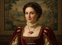 Load image into Gallery viewer, A Renaissance-style portrait of a woman in a red and cream gown with a antique bronze pink rose filigree pendant necklace, set against a painted landscape background. The image includes an 'AI-generated visual' watermark at the bottom.  A small "AI-generated visual" label appears at the bottom.