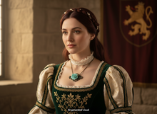 Load image into Gallery viewer, A woman in a medieval-style green and cream dress with gold embroidery, wearing a antique bronze mint-green rose filigree pendant necklace, set against a stone wall and a red banner with a gold lion crest.  A small "AI-generated visual" label appears at the bottom.