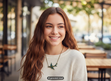 Load image into Gallery viewer, A smiling young woman with long wavy brown hair is shown from the chest up in a softly blurred outdoor cafe setting. She wears a cream knit sweater and a small green bird pendant necklace.  A small "AI-generated visual" label appears at the bottom.