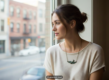 Load image into Gallery viewer, A woman with her hair in a bun looks out a window wearing a cream-colored t-shirt and a antique bronze sparrow necklace with verdigris patina. The background shows a blurred city street scene.  A small "AI-generated visual" appears at the bottom.