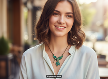 Load image into Gallery viewer, A smiling woman with shoulder-length brown hair wears a light-colored blouse and a vintage bronze hummingbird necklace in an outdoor setting with a blurred background.  A small 'AI-generated visual' label appears at the bottom.