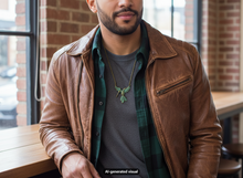 Load image into Gallery viewer, A man wearing a brown leather jacket over a green plaid shirt and gray t-shirt, with a vintage bronze hummingbird necklace, in an indoor setting with brick columns.  A small "AI-generated visual" label appears at the bottom.