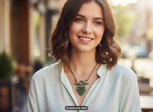 Load image into Gallery viewer, A smiling woman with shoulder-length brown hair wears a see-through skeleton style double heart pendant necklace with lover birds,  photographed in a softly blurred outdoor setting.  A small 'AI-generated visual' label appears at the bottom.