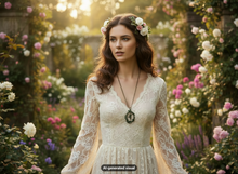 Load image into Gallery viewer, A woman stands in a sunlit garden wearing a cream lace long-sleeve dress and a floral crown, with a antique bronze garden fairy necklace. The background is filled with blooming flowers and greenery.  A small "AI-generated visual" label appears at the bottom.