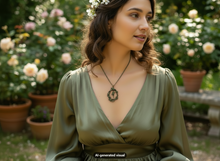 Load image into Gallery viewer, A woman wearing an olive green wrap-style dress and a antique bronze garden fairy necklace stands in a garden with blooming flowers in the background.  A small 'AI-generated visual' label appears at the bottom.