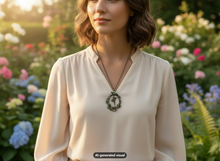 Load image into Gallery viewer, A woman wearing a cream-colored blouse and a antique bronze garden fairy necklace, standing in a sunlit garden with blurred flowers in the background. A small 'AI-generated visual' label appears at the bottom.