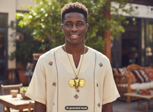 Load image into Gallery viewer, A smiling young man standing outdoors wearing a cream-colored embroidered short-sleeve top and a gold tone elephant pendant necklace. The background shows a softly blurred patio or courtyard with furniture and greenery.  A small "AI-generated visual" label appears at the bottom.