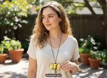 Load image into Gallery viewer, A woman wearing a cream-colored t-shirt and a gold-toned elephant necklace, standing in a sunny garden with potted plants in the background.  A small "AI-generated visual" label appears at the bottom.