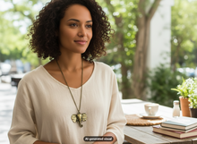 Load image into Gallery viewer, A woman with curly dark hair wearing a cream-colored long-sleeve top and a antique bronze elephant charm necklace, seated at an outdoor cafe table with books and a cup.  A small "AI-generated visual" label appears at the bottom.