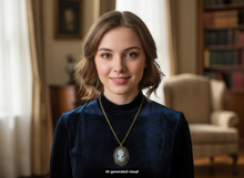 Load image into Gallery viewer, A woman with light brown hair wearing a dark blue velvet turtleneck and a gold pendant necklace with a antique bronze Victorian cameo watch necklace, standing in a softly lit indoor room with a bookshelf and chair in the background.  A small 'AI-generated visual' label appears at the bottom.
