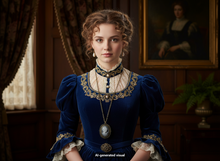 Load image into Gallery viewer, A woman in an ornate historical-style royal blue velvet dress with gold embroidery, cream lace trim, and a antique bronze Victorian cameo watch necklace with photo locket, posed indoors against a dark wood-paneled background with curtains and a framed portrait.  A small 'AI-generated visual' label appears at the bottom.