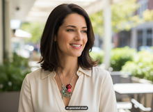 Load image into Gallery viewer, A smiling woman with shoulder-length brown hair wears a cream blouse and a silver-toned necklace with a red ladybug and pink rose flower and a green dragonfly pendant, photographed in a softly blurred outdoor patio setting. A small 'AI-generated visual' label appears at the bottom.