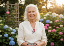 Load image into Gallery viewer, An older woman with white hair sits in a sunlit garden wearing a cream blouse and a garden trellis necklace with ladybug, flower and dragonfly charm.  A small 'AI-generated visual" label appears at the bottom.
