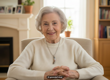 Load image into Gallery viewer, An elderly woman with short gray hair sits in a beige armchair in a warmly lit living room. She is wearing a cream-colored ribbed sweater and a silver tone multicolor pearl peas in a pod pendant necklace.  A small 'AI-generated visual' label appears at the bottom.