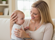 Load image into Gallery viewer, A woman with blonde hair holds a baby in a bright living room. The woman is wearing a silver tone multicolor pearl peas in a pod pendant necklace and a ring on her finger.  A small 'AI-generated visual' label appears at the bottom.